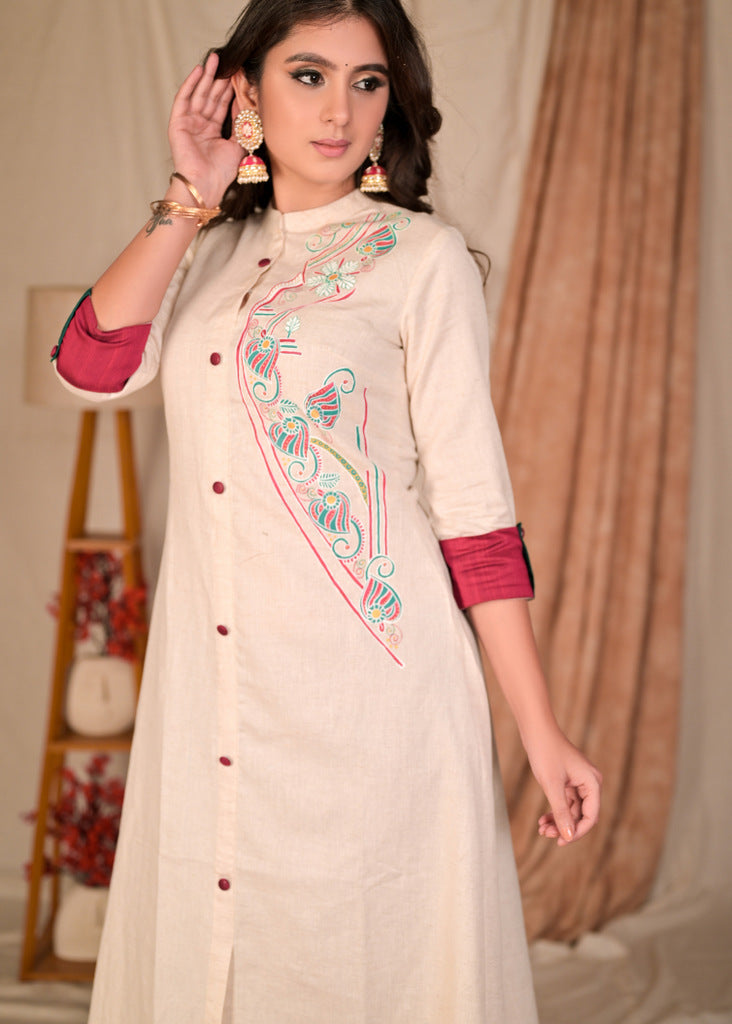 Classy A-Line Hand Painted Off-White Flex Kurta with Contrast Detailing - Pant Optional