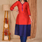 Stylish Straight Cut Red and Royal Blue Colour Blocked Silk Kurta with Glass Beaded Neckline - Pant Optional
