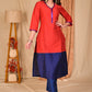 Stylish Straight Cut Red and Royal Blue Colour Blocked Silk Kurta with Glass Beaded Neckline - Pant Optional