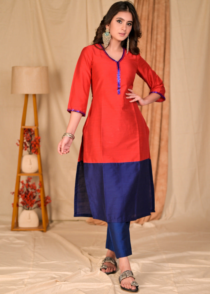 Stylish Straight Cut Red and Royal Blue Colour Blocked Silk Kurta with Glass Beaded Neckline - Pant Optional