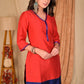 Stylish Straight Cut Red and Royal Blue Colour Blocked Silk Kurta with Glass Beaded Neckline - Pant Optional