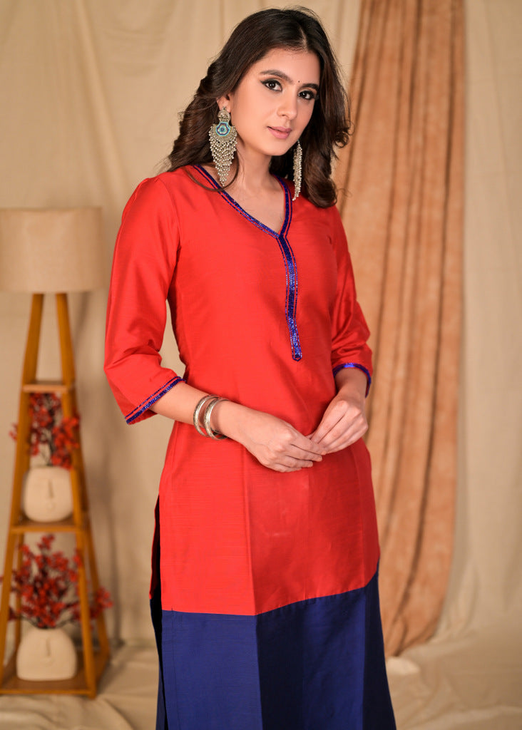 Stylish Straight Cut Red and Royal Blue Colour Blocked Silk Kurta with Glass Beaded Neckline - Pant Optional