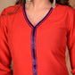Stylish Straight Cut Red and Royal Blue Colour Blocked Silk Kurta with Glass Beaded Neckline - Pant Optional