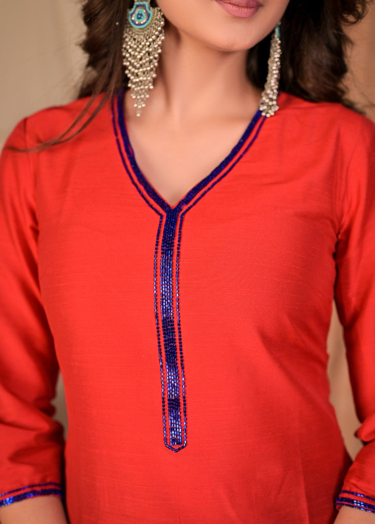 Stylish Straight Cut Red and Royal Blue Colour Blocked Silk Kurta with Glass Beaded Neckline - Pant Optional
