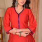 Stylish Straight Cut Red and Royal Blue Colour Blocked Silk Kurta with Glass Beaded Neckline - Pant Optional