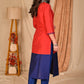 Stylish Straight Cut Red and Royal Blue Colour Blocked Silk Kurta with Glass Beaded Neckline - Pant Optional