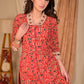 Exclusive Straight Cut Red Animal Print Cotton Ajrakh Kurta with Hand Painted Collar and Sleeves - Pant Optional