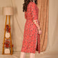 Exclusive Straight Cut Red Animal Print Cotton Ajrakh Kurta with Hand Painted Collar and Sleeves - Pant Optional