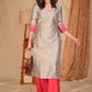 Classy Grey Cotton Silk Kurta with Hand Embroidered Lotus Motif on Yoke and Contrast Detailing - Palazzo Optional