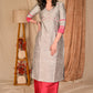Classy Grey Cotton Silk Kurta with Hand Embroidered Lotus Motif on Yoke and Contrast Detailing - Palazzo Optional