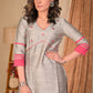 Classy Grey Cotton Silk Kurta with Hand Embroidered Lotus Motif on Yoke and Contrast Detailing - Palazzo Optional