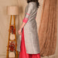 Classy Grey Cotton Silk Kurta with Hand Embroidered Lotus Motif on Yoke and Contrast Detailing - Palazzo Optional