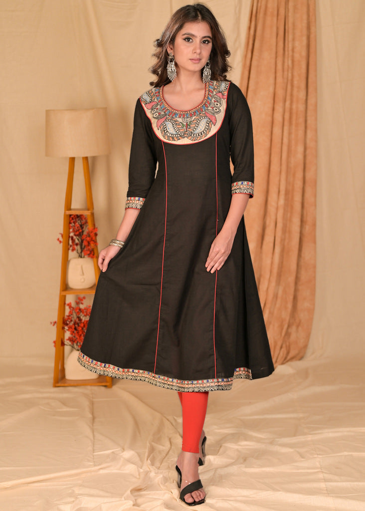 Trendy Black Cotton Kurta with Hand Painted Madhubani on Neckline - Pant Optional