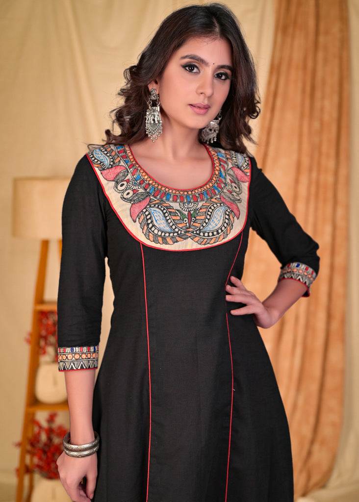 Trendy Black Cotton Kurta with Hand Painted Madhubani on Neckline - Pant Optional