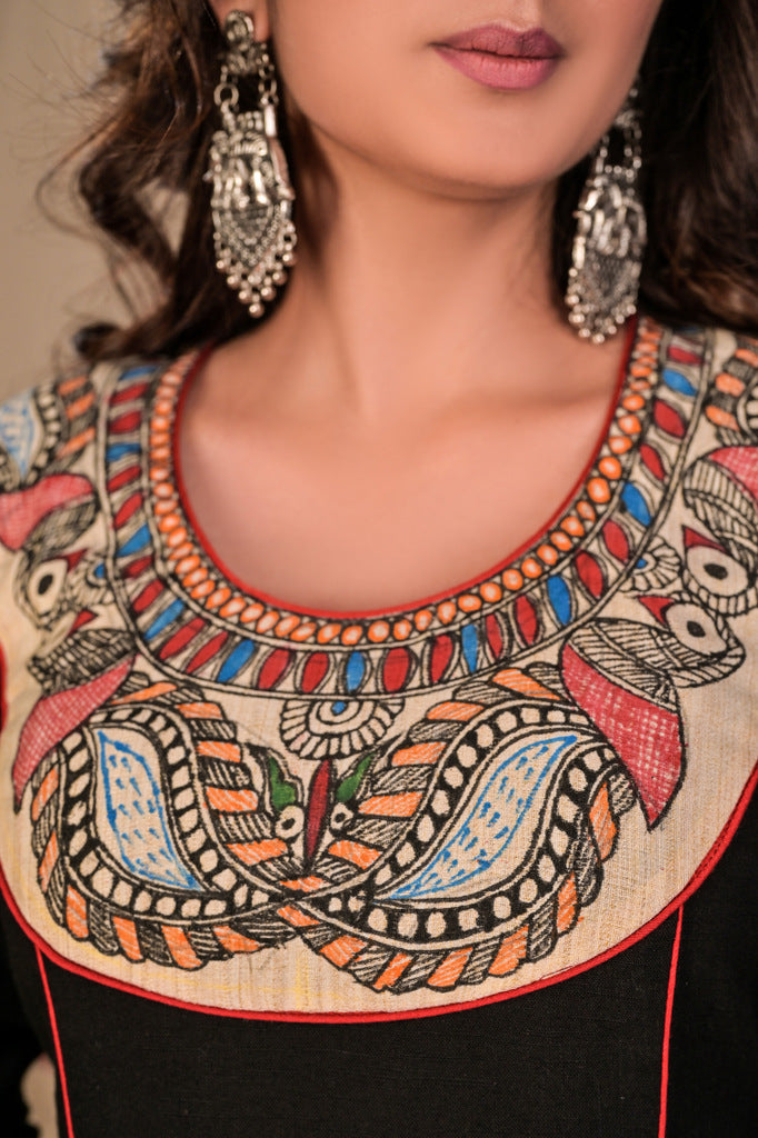 Trendy Black Cotton Kurta with Hand Painted Madhubani on Neckline - Pant Optional