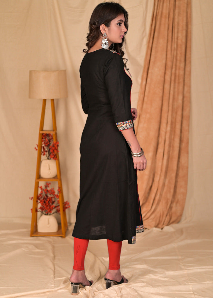 Trendy Black Cotton Kurta with Hand Painted Madhubani on Neckline - Pant Optional