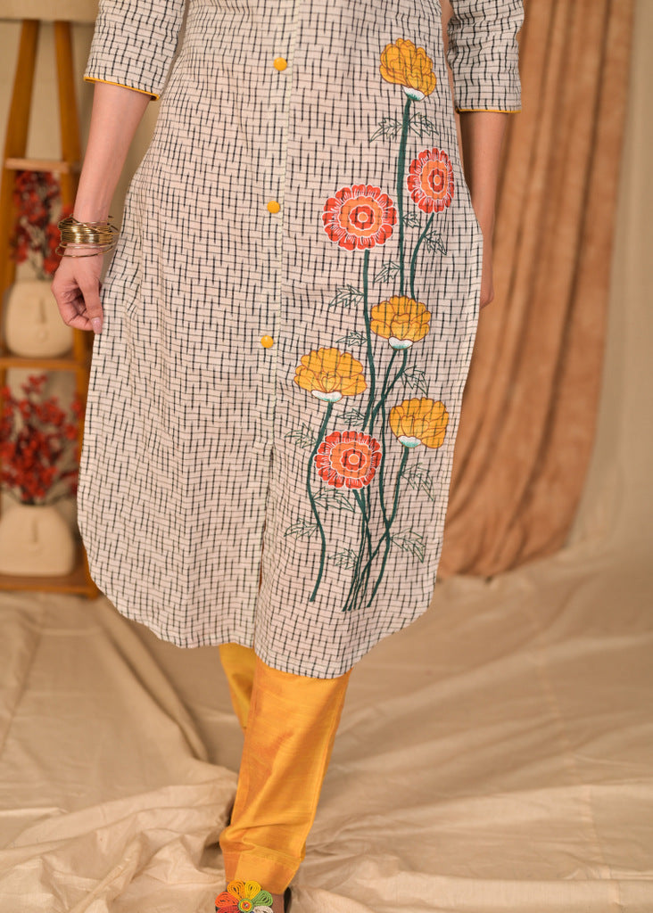 Straight Cut Off-white Cotton Ikat Kurta with Beautiful Floral Hand Painting - Pant Optional
