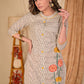 Straight Cut Off-white Cotton Ikat Kurta with Beautiful Floral Hand Painting - Pant Optional