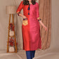 Elegant Straight Cut Red and Magenta Cotton Silk Combination Kurta with Embroidered Pocket and Sleeves