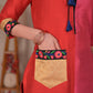 Elegant Straight Cut Red and Magenta Cotton Silk Combination Kurta with Embroidered Pocket and Sleeves