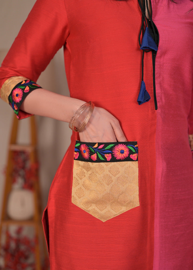 Elegant Straight Cut Red and Magenta Cotton Silk Combination Kurta with Embroidered Pocket and Sleeves