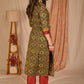 Beautiful Green Ajrakh Kurta with Contrast Pintucks Yoke - Pant Optional