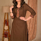 Classy Cotton Coffee Brown and Kalamkari Combination Embroidered Kurta - Pant Optional