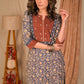 Straight Cut Blue Floral Print Cotton Kurta with Beautiful Hand Embroidered Yoke - Pant Optional