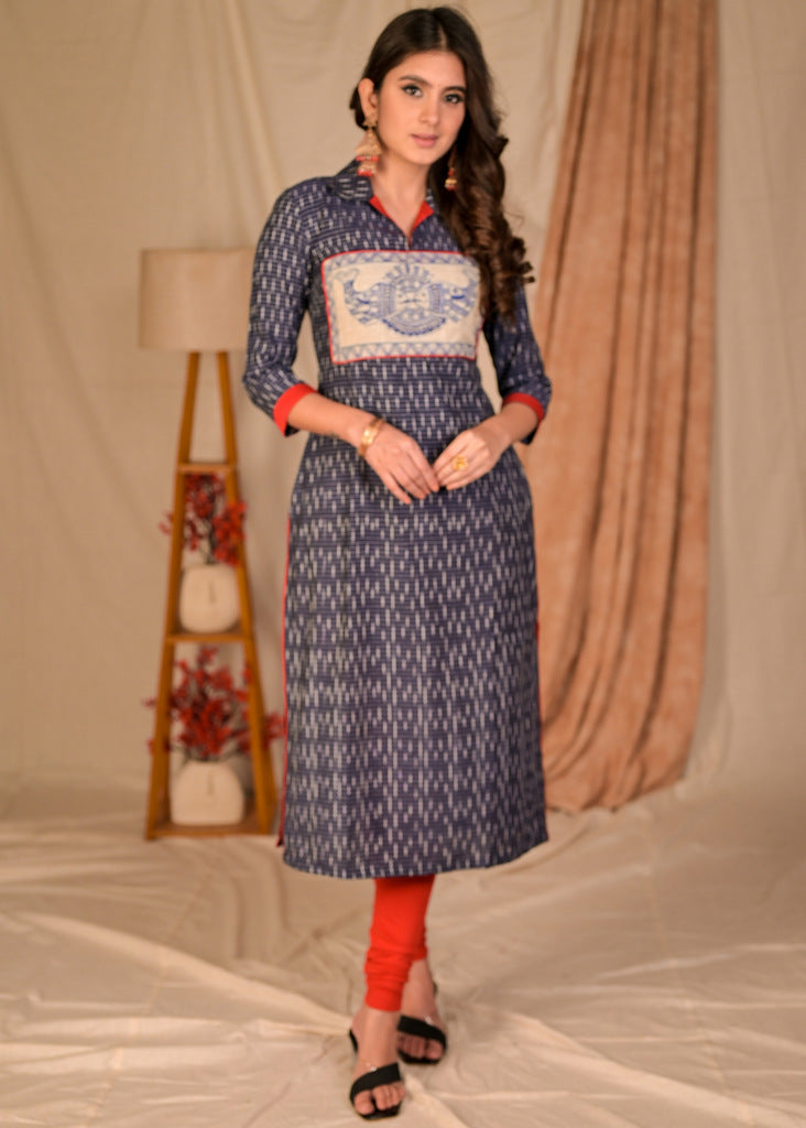 Trendy Blue Straight Cut Cotton Ikat Kurta with Hand Painted Madhubani Yoke