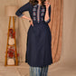 Exclusive Navy Blue Front Embroidered Cotton Kurta - Flared Indigo Palazzo Optional