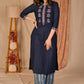 Exclusive Navy Blue Front Embroidered Cotton Kurta - Flared Indigo Palazzo Optional