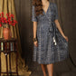 Trendy casual navy blue abstract print overlap dress