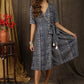Trendy casual navy blue abstract print overlap dress