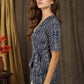 Trendy casual navy blue abstract print overlap dress