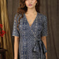 Trendy casual navy blue abstract print overlap dress