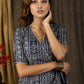 Trendy casual navy blue abstract print overlap dress
