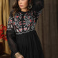 Trendy black cotton gathered dress with beautiful zari embroidery combined with chanderi sleeves