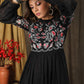 Trendy black cotton gathered dress with beautiful zari embroidery combined with chanderi sleeves