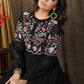 Trendy black cotton gathered dress with beautiful zari embroidery combined with chanderi sleeves