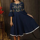 Classic navy blue gathered dress with bell sleeves and minimal floral embroidery