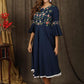 Classic navy blue gathered dress with bell sleeves and minimal floral embroidery