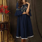 Classic navy blue gathered dress with bell sleeves and minimal floral embroidery