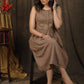 Subtle beige sleeveless gathered dress with beautiful hand embroidery