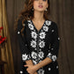 Classy black A-line dress with overall floral embroidery