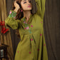 Exclusive henna green tunic dress with minimal floral embroidery on sleeves and neckline