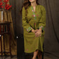 Exclusive henna green tunic dress with minimal floral embroidery on sleeves and neckline