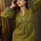 Exclusive henna green tunic dress with minimal floral embroidery on sleeves and neckline