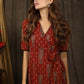 Trendy brick brown aztec print overlap dress highlighted with subtle pompom lace