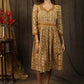 Casual mustard floral printed gathered dress with highlighted with beautiful pearl hand embroidery