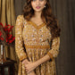 Casual mustard floral printed gathered dress with highlighted with beautiful pearl hand embroidery